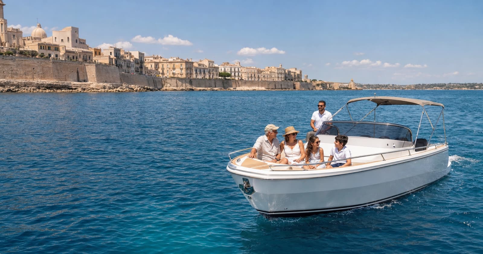 Una famiglia in barca davanti a Ortigia